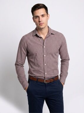 H&M Men’s Slim Fit Gingham Dress Shirt Burgundy White M Long Sleeve Preppy